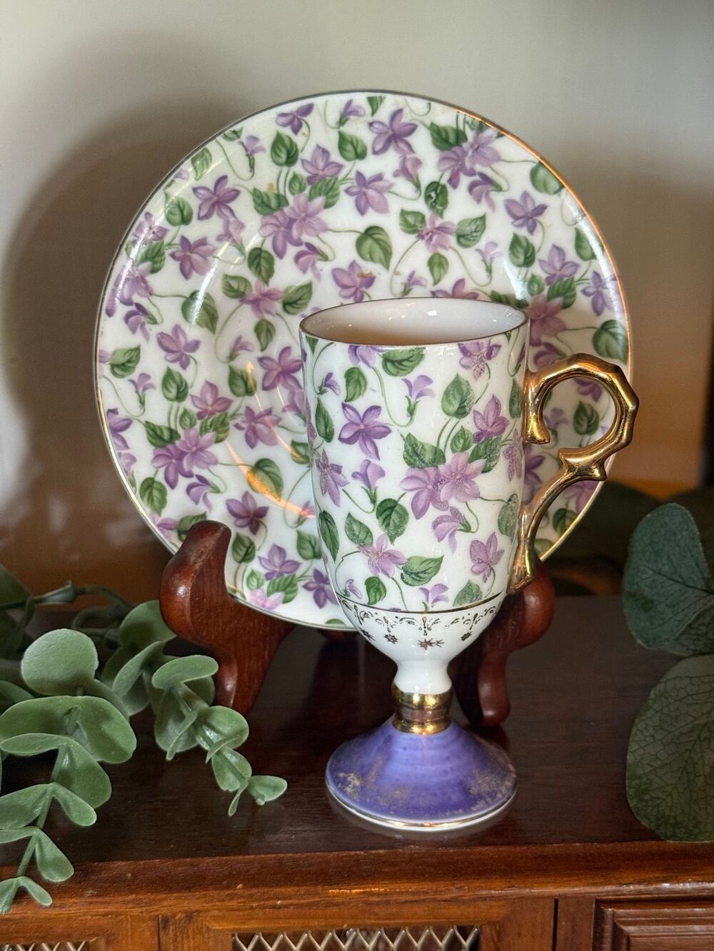 Vintage Inarco Violet Footed Demitasse Cup and Saucer Set